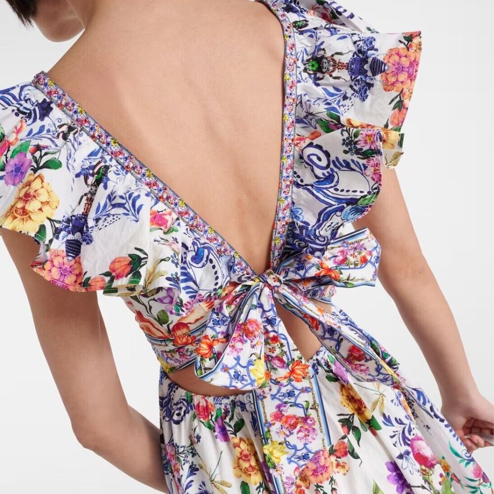 CAMILLA "Dutch Is Life" Tiered Frill V-Neck Open Back Maxi Cotton Dress, L $899 - Picture 6 of 16